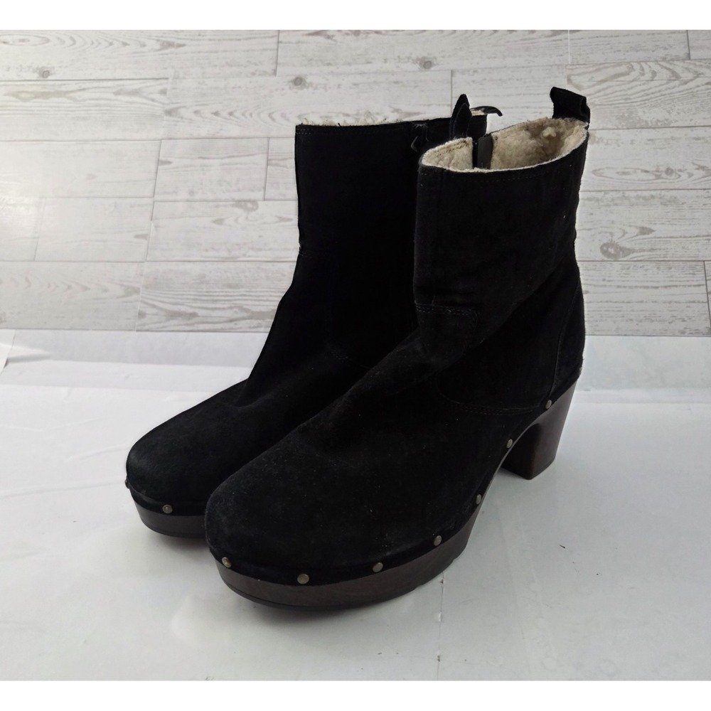Clarks Boots Womens 11 Black Suede Platform Clog Faux Fur Lined Cozycore Winter